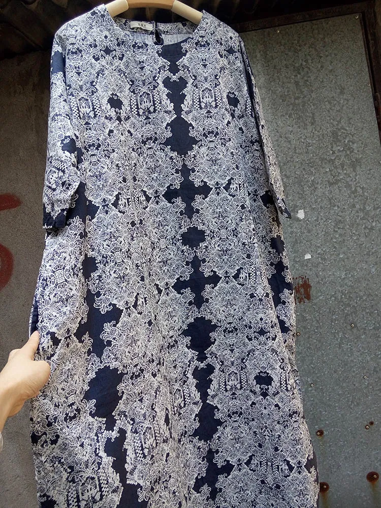 100% linen kaftan, holiday trip, blue and white porcelain print linen maxi gown dress for woman,tunic long dress,plus size linen clothing,bust>142cm