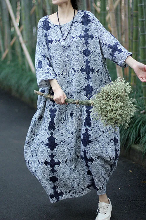 100% linen kaftan, holiday trip, blue and white porcelain print linen maxi gown dress for woman,tunic long dress,plus size linen clothing,bust>142cm