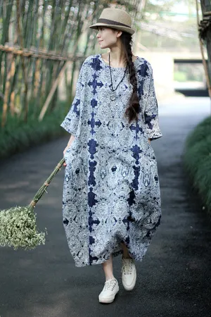 100% linen kaftan, holiday trip, blue and white porcelain print linen maxi gown dress for woman,tunic long dress,plus size linen clothing,bust>142cm