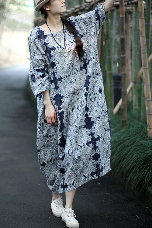 100% linen kaftan, holiday trip, blue and white porcelain print linen maxi gown dress for woman,tunic long dress,plus size linen clothing,bust>142cm