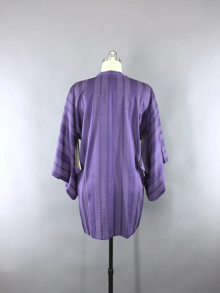 1980s Vintage Silk Kimono Jacket Michiyuki Coat with Lavender Purple Stripes