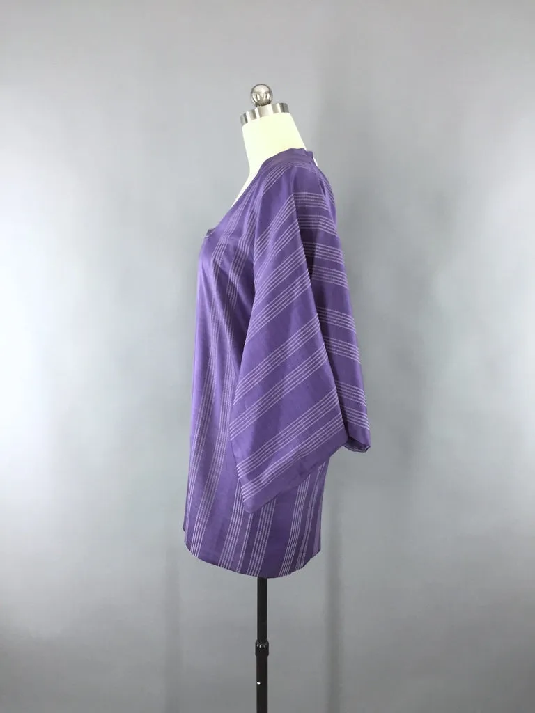 1980s Vintage Silk Kimono Jacket Michiyuki Coat with Lavender Purple Stripes