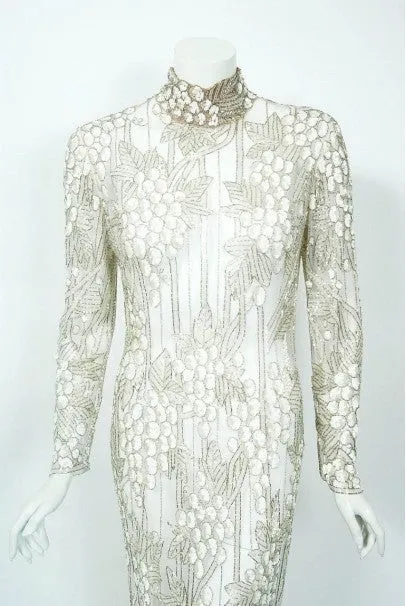 1993 Bob Mackie Couture Ivory Grapevines Beaded Sheer-Net Silk Hourglass Gown