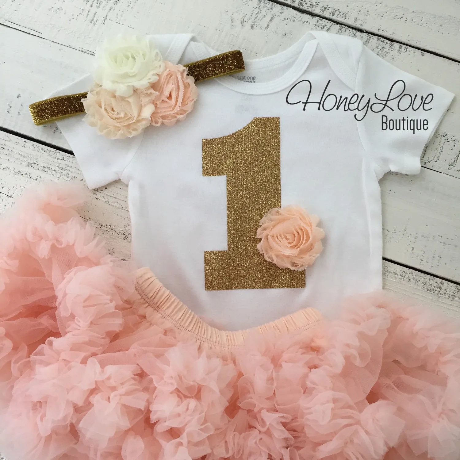 1st Birthday Outfit - Peach, Ivory and Gold