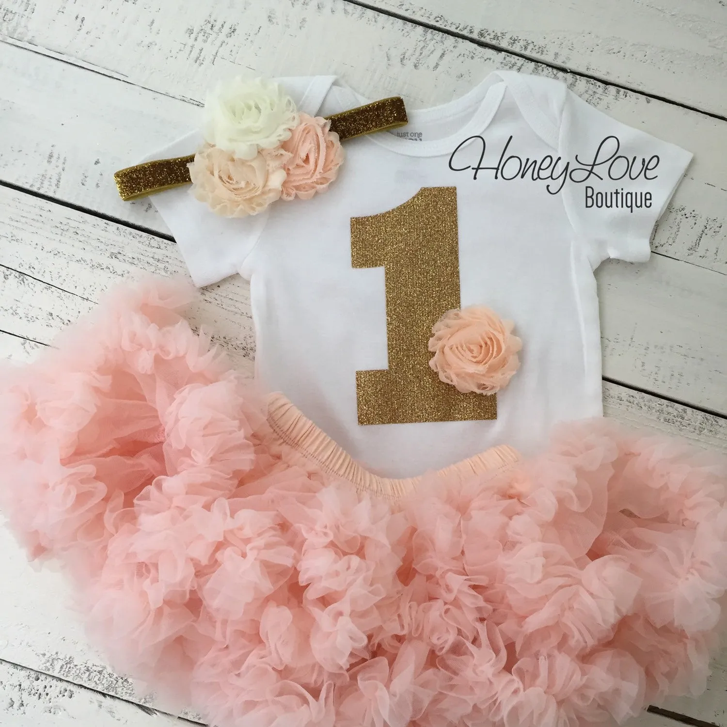 1st Birthday Outfit - Peach, Ivory and Gold