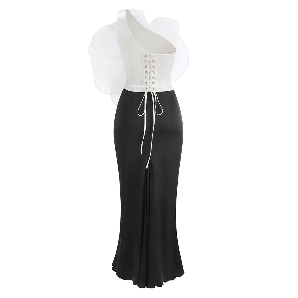 3D WHITE FLOWER ONE-SHOULDER MAXI DRESS IN BLACK