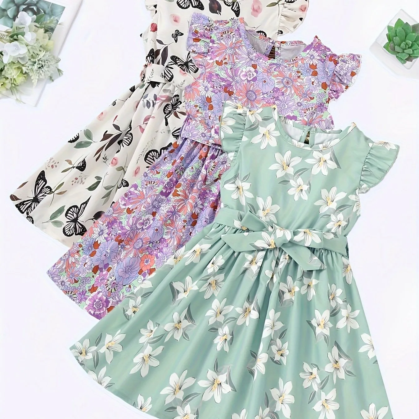 3pcs Little Princess Butterfly Floral Ruffle Trim Dresses - Adorable Belted Casual Summer Dresses for Girls - Polyester Non-Stretch Fabric, A-Line Fit, Perfect for Holiday Gift Party