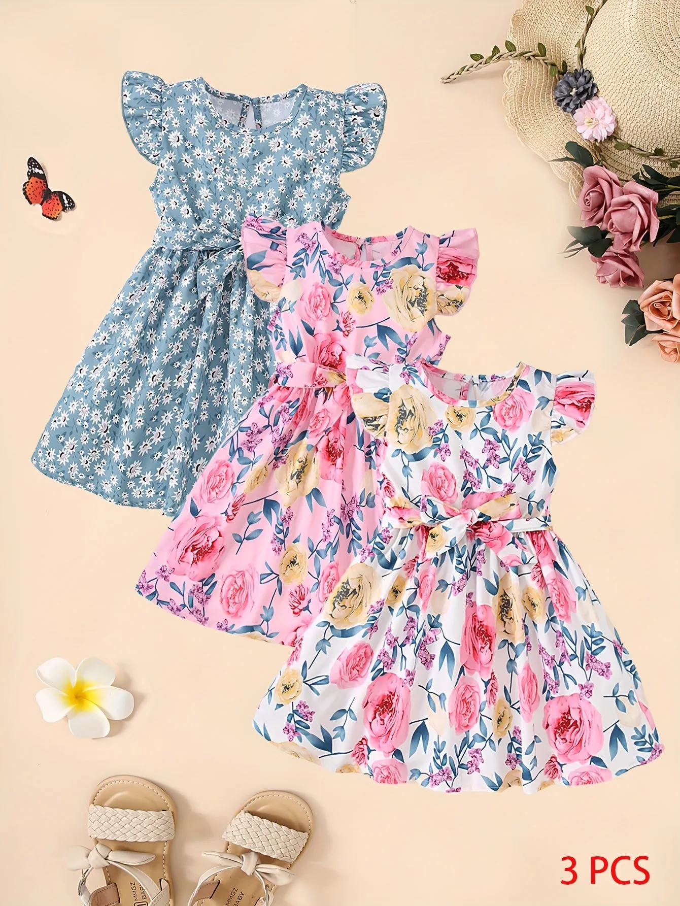 3pcs Little Princess Butterfly Floral Ruffle Trim Dresses - Adorable Belted Casual Summer Dresses for Girls - Polyester Non-Stretch Fabric, A-Line Fit, Perfect for Holiday Gift Party