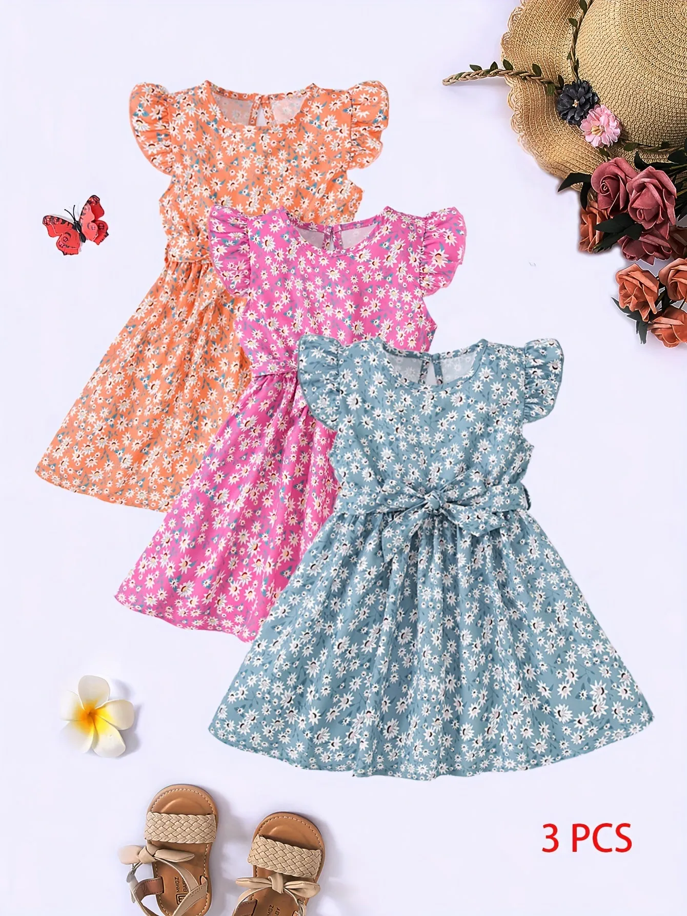 3pcs Little Princess Butterfly Floral Ruffle Trim Dresses - Adorable Belted Casual Summer Dresses for Girls - Polyester Non-Stretch Fabric, A-Line Fit, Perfect for Holiday Gift Party