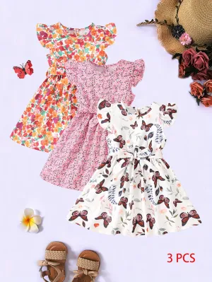 3pcs Little Princess Butterfly Floral Ruffle Trim Dresses - Adorable Belted Casual Summer Dresses for Girls - Polyester Non-Stretch Fabric, A-Line Fit, Perfect for Holiday Gift Party