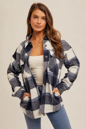 5741 Brushed Plaid Button Down Shacket in Navy