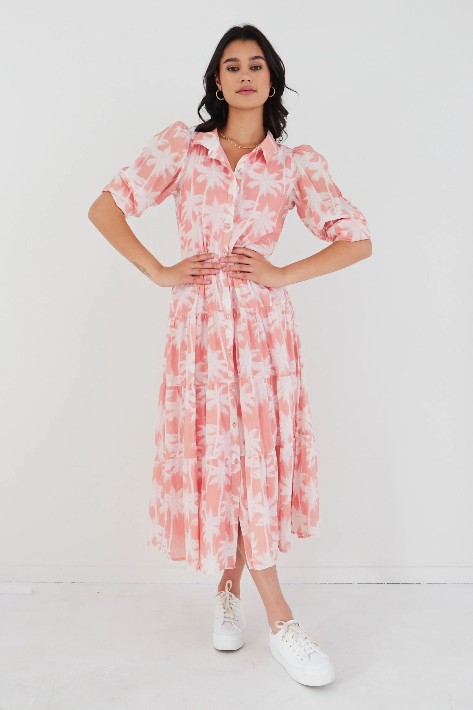 Adair Blush Palms Tiered Shirt Style Maxi Dress