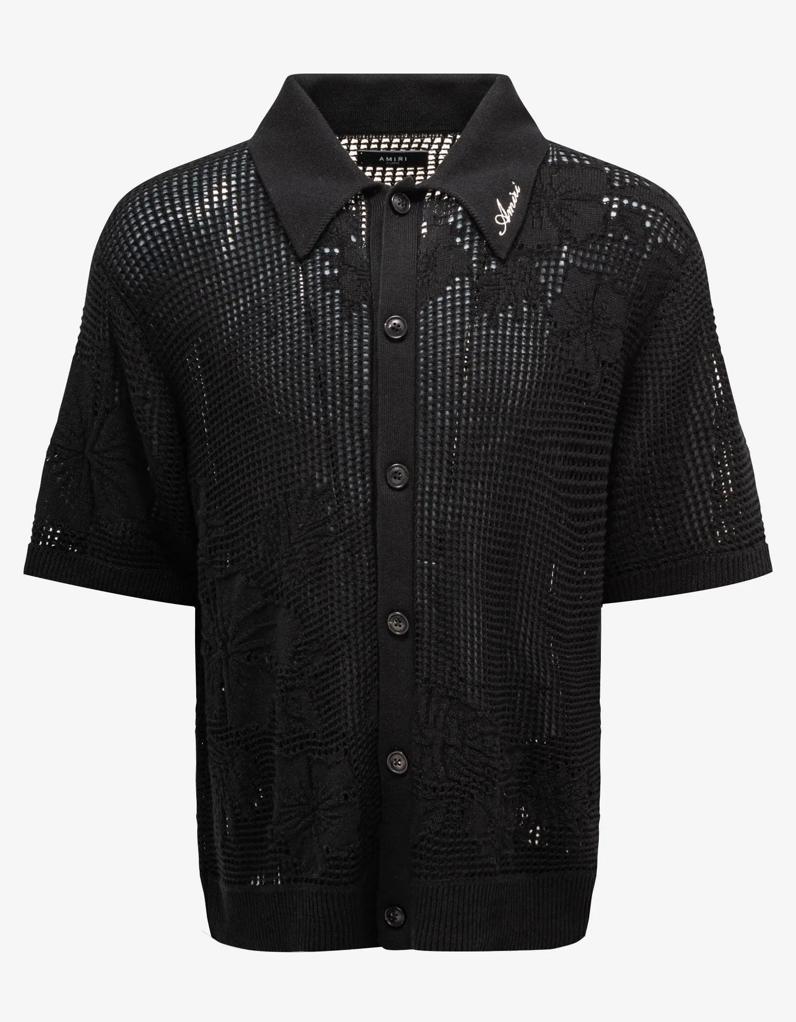 Amiri Black Floral Open Knit Polo Shirt