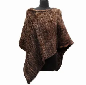 Asymmetrical Knitted Mink Poncho - Brown