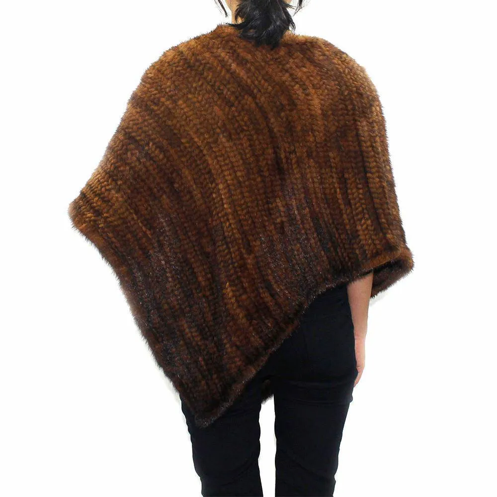 Asymmetrical Knitted Mink Poncho - Whiskey