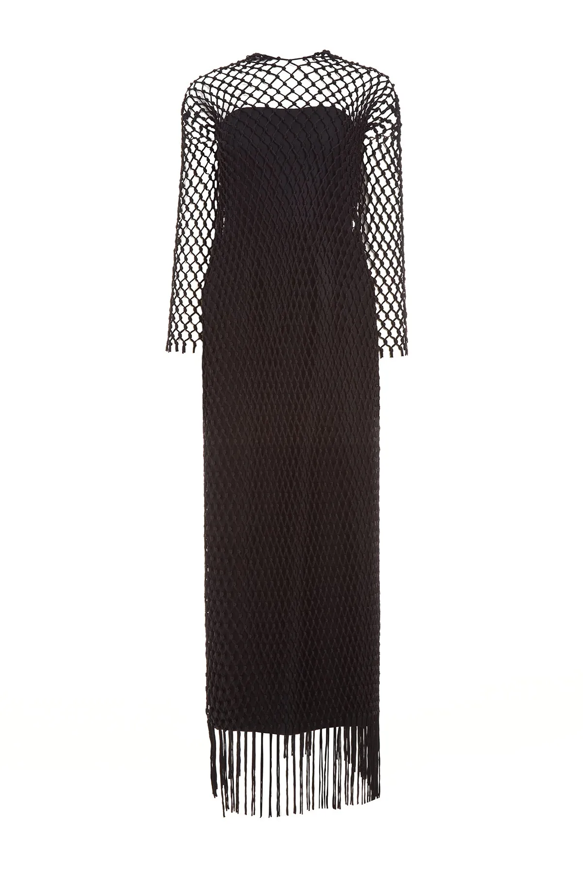 Barnett Macrame Dress with Slip in Black Wool Silk