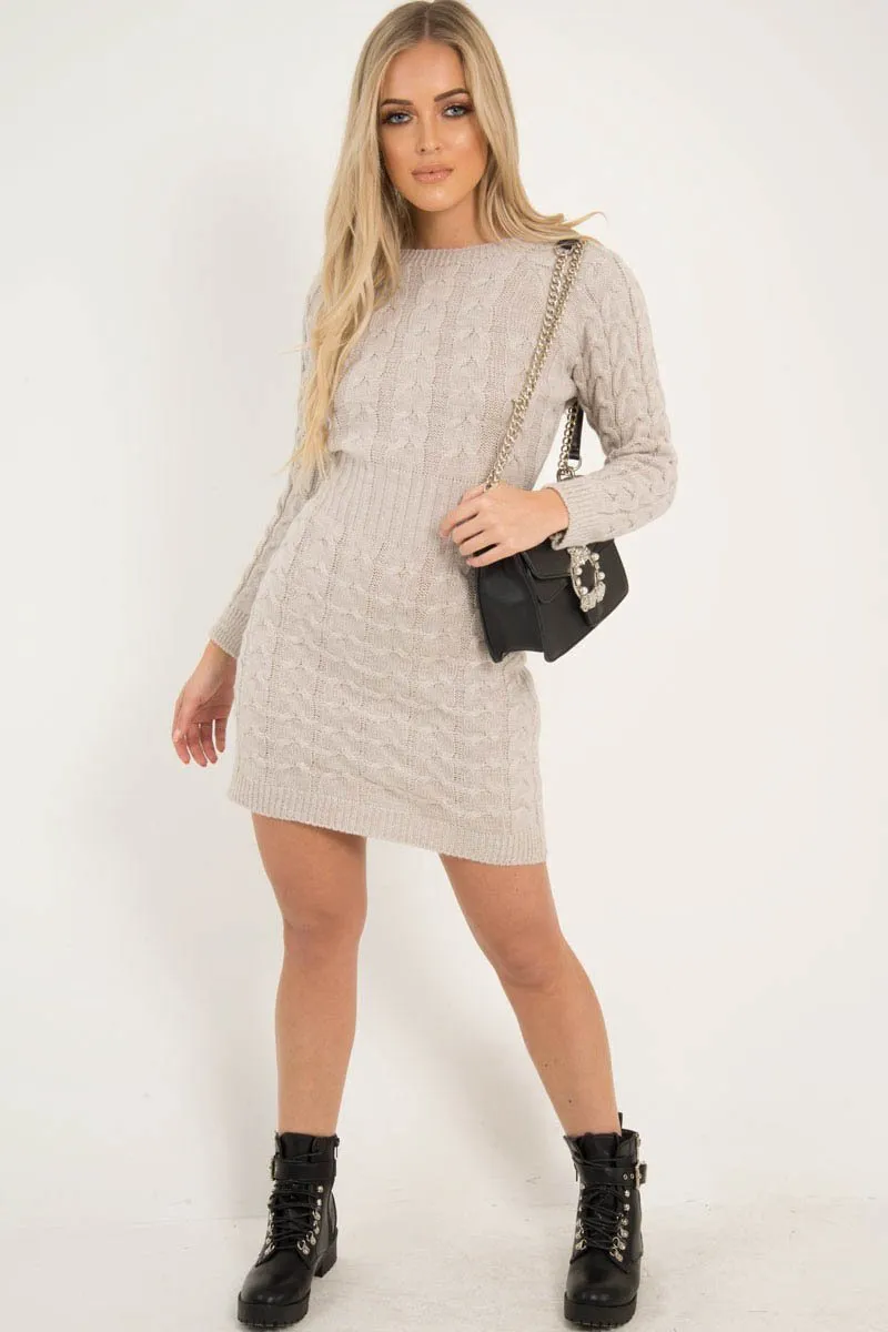 Beige Cable Knit Jumper Midi Dress - Jaylie