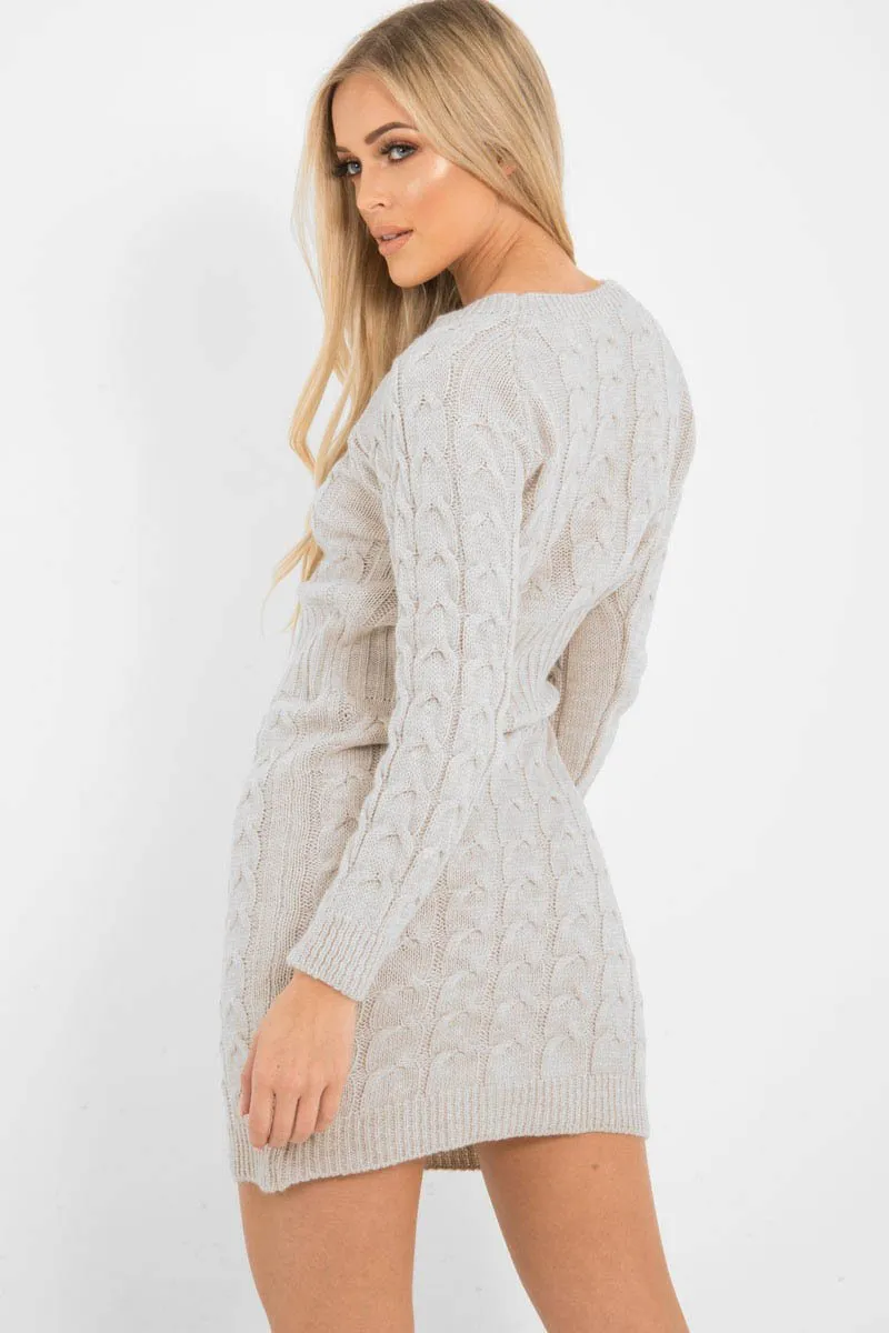 Beige Cable Knit Jumper Midi Dress - Jaylie