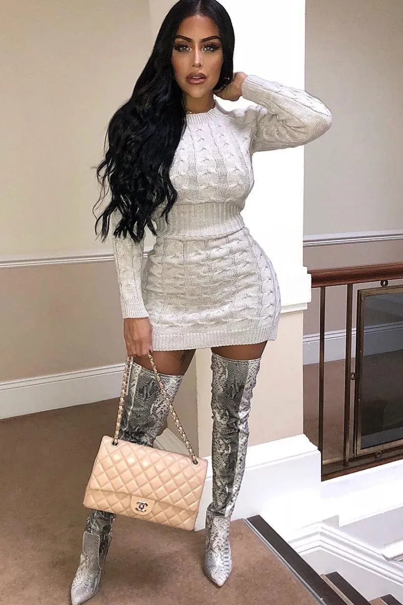 Beige Cable Knit Jumper Midi Dress - Jaylie