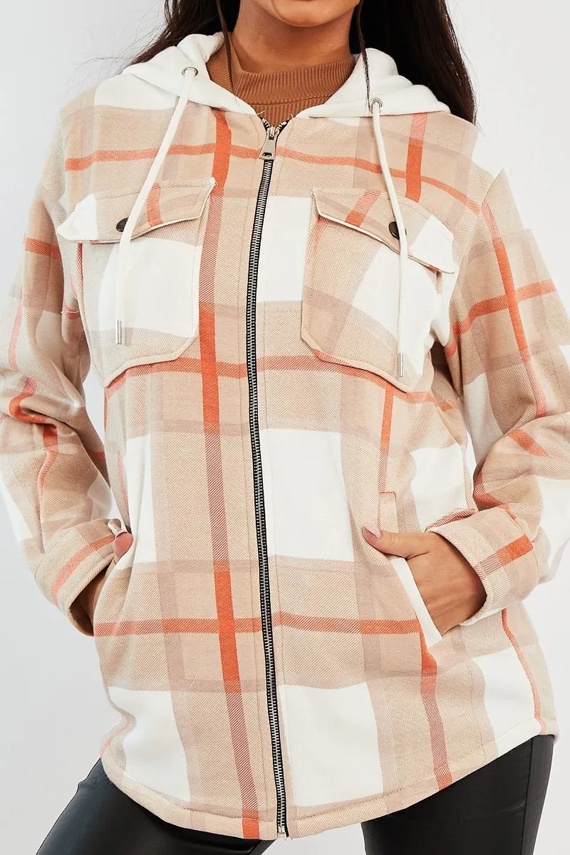 Beige Check Hooded Shacket - Destyn