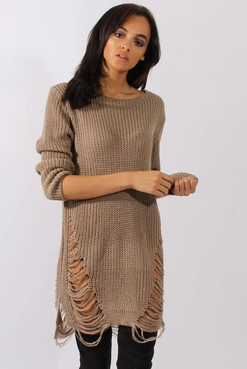 Beige Distressed Jumper Dress - Kim