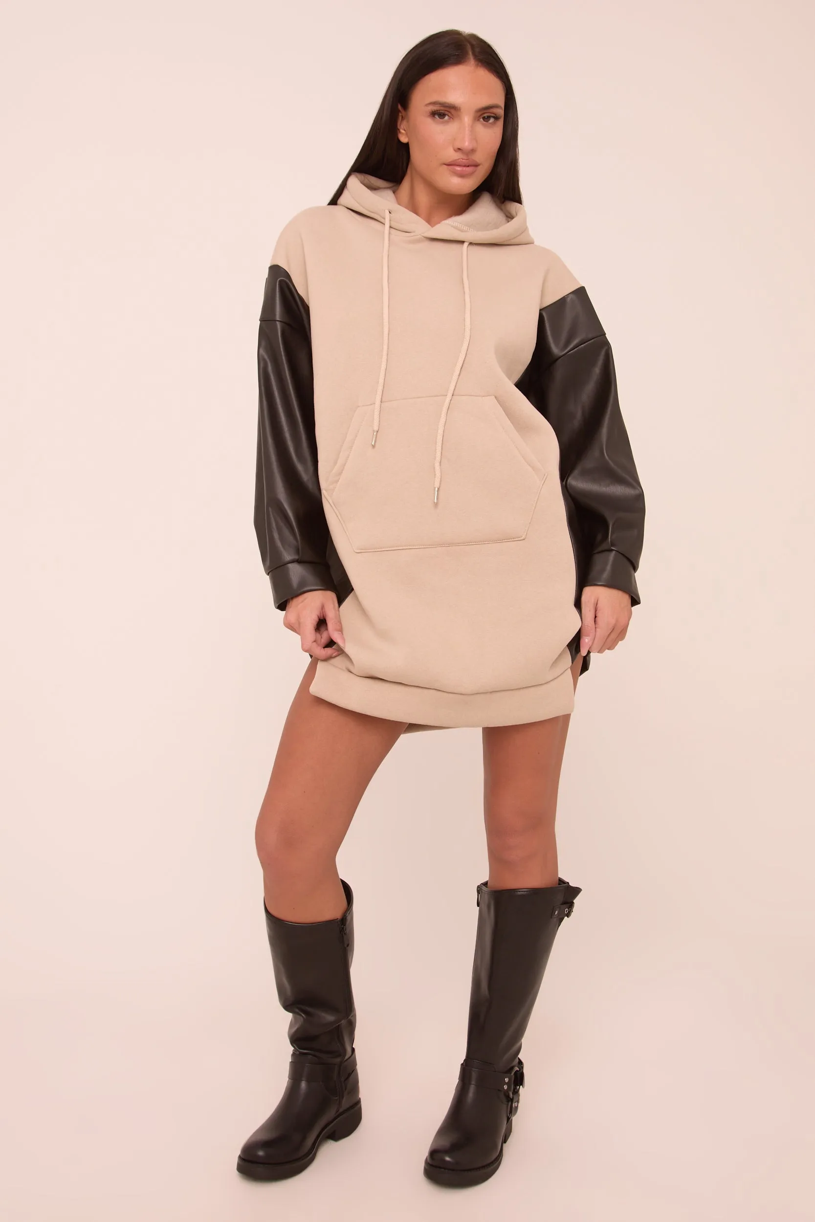 Beige Faux Leather Long Sleeves Hooded Jumper Dress - Kary