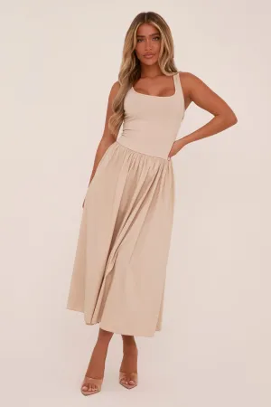 Beige Rib Knit Drop Waist Scoop Neck Maxi Dress - Elian