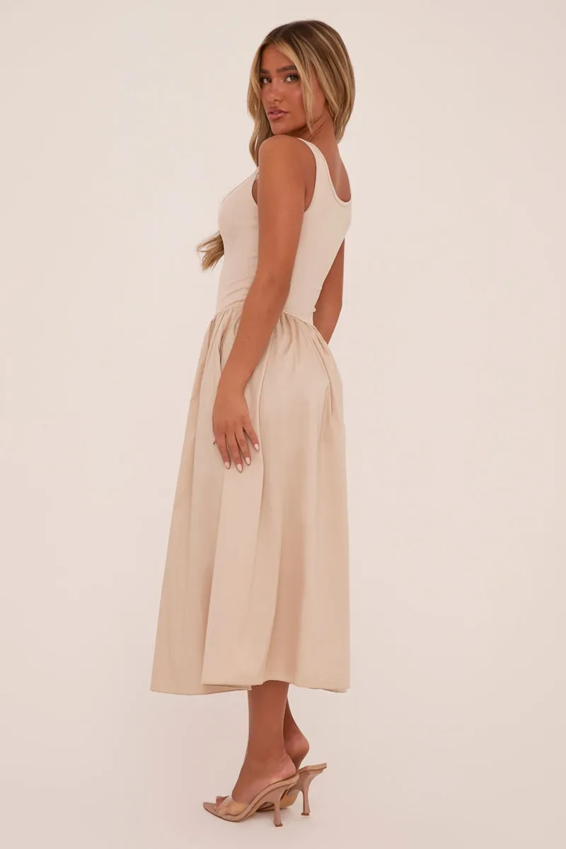 Beige Rib Knit Drop Waist Scoop Neck Maxi Dress - Elian