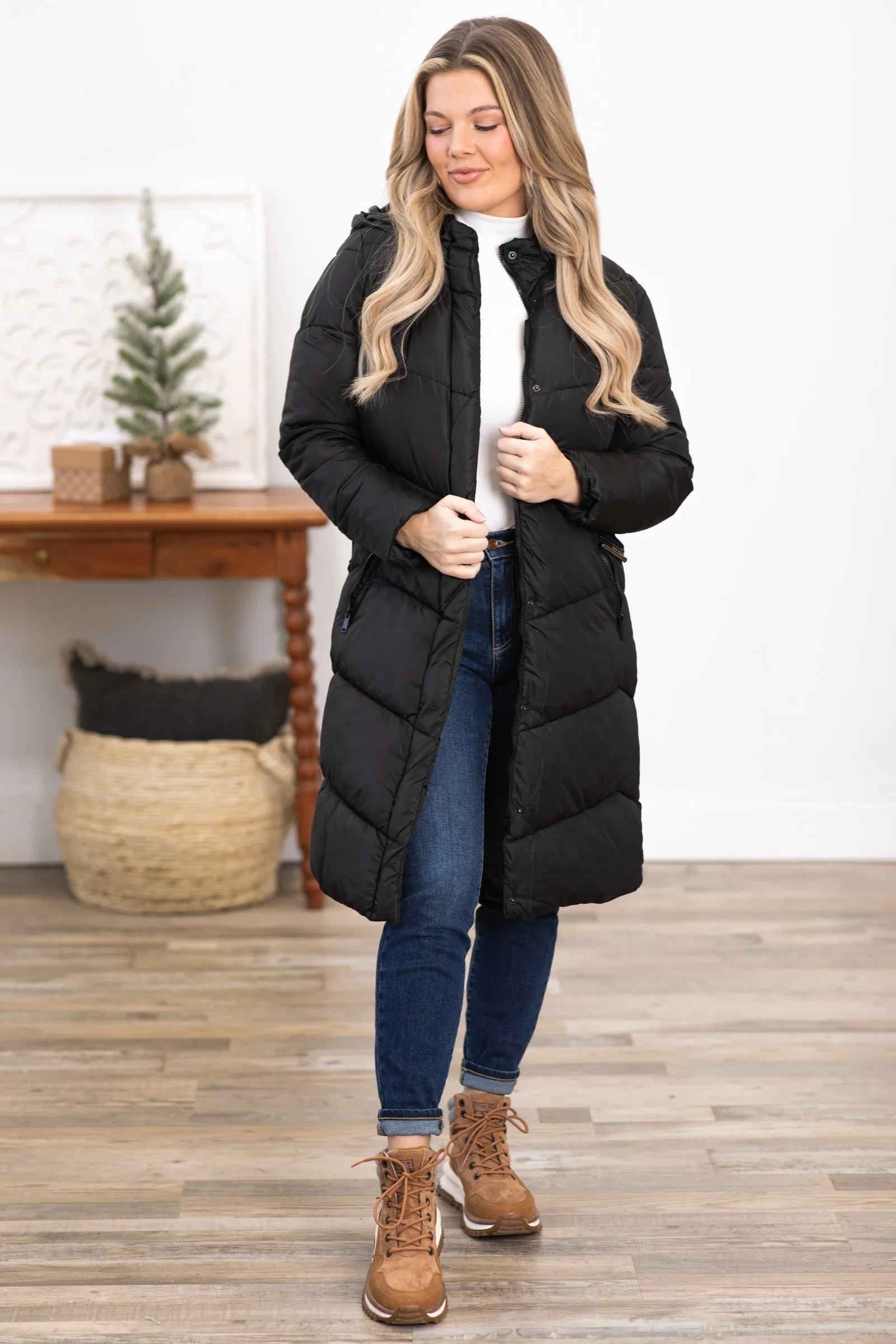 Black Belted Long Puffer Jacket With Hood