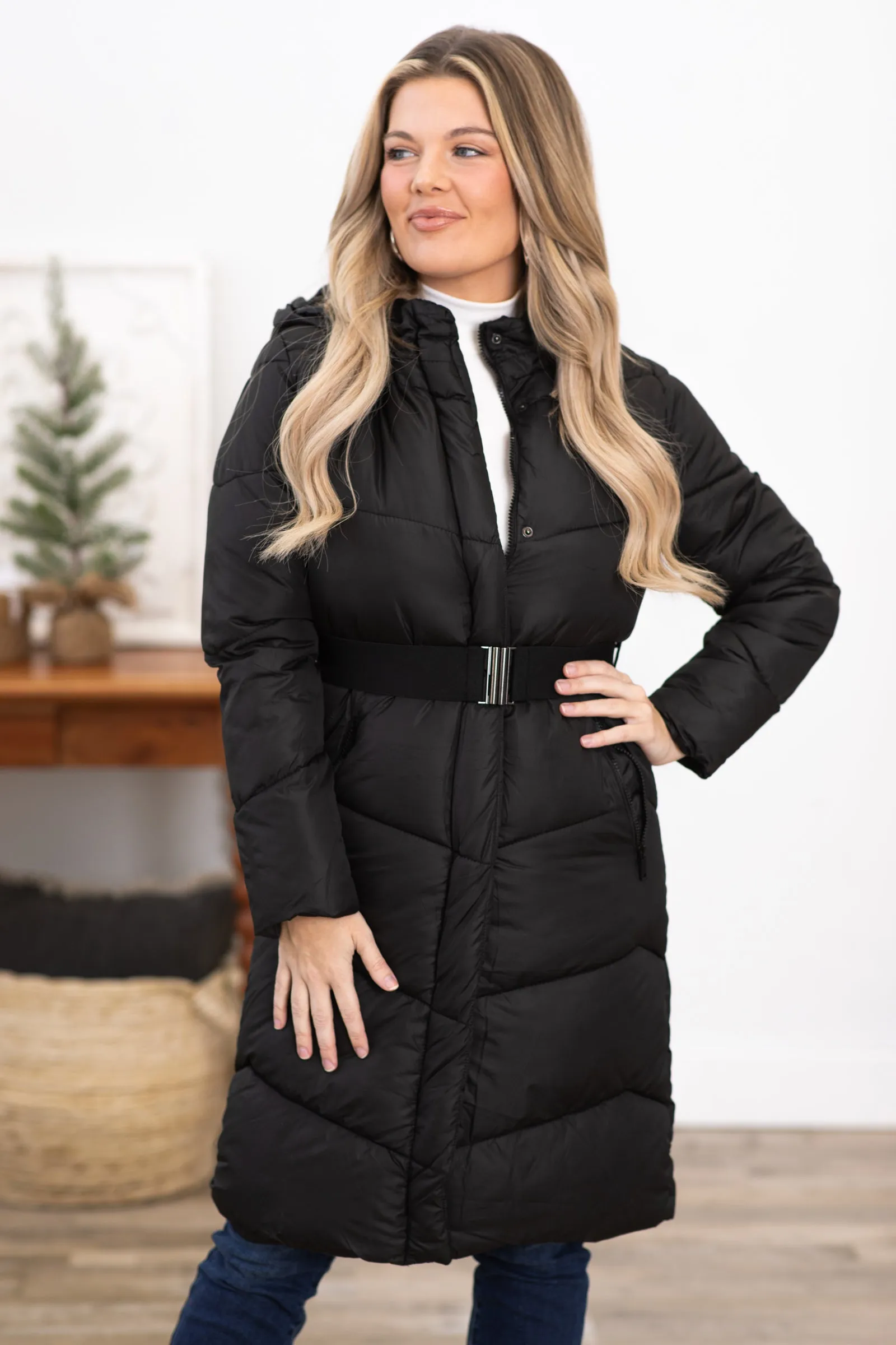 Black Belted Long Puffer Jacket With Hood