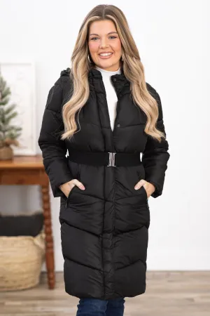 Black Belted Long Puffer Jacket With Hood