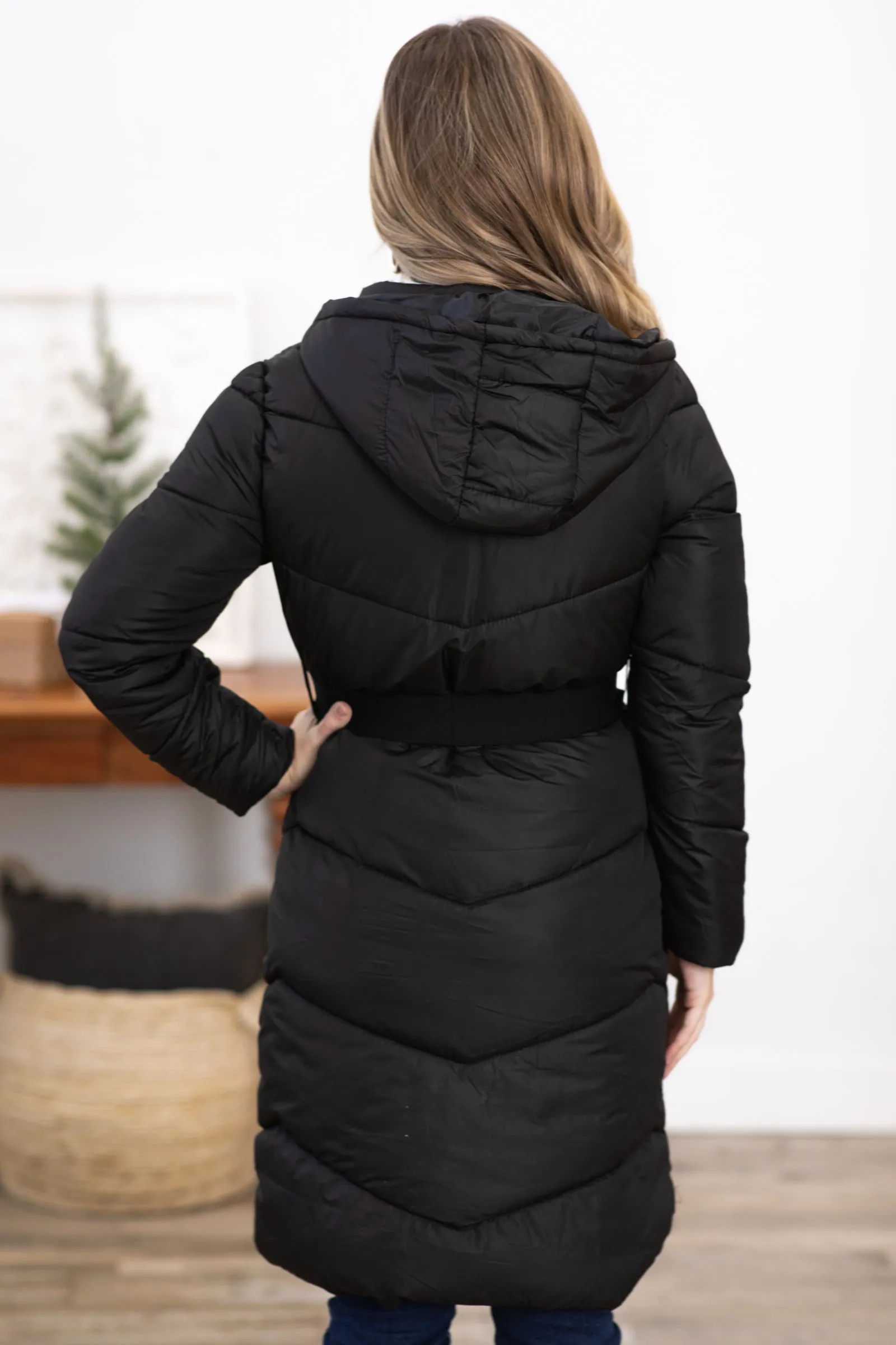 Black Belted Long Puffer Jacket With Hood