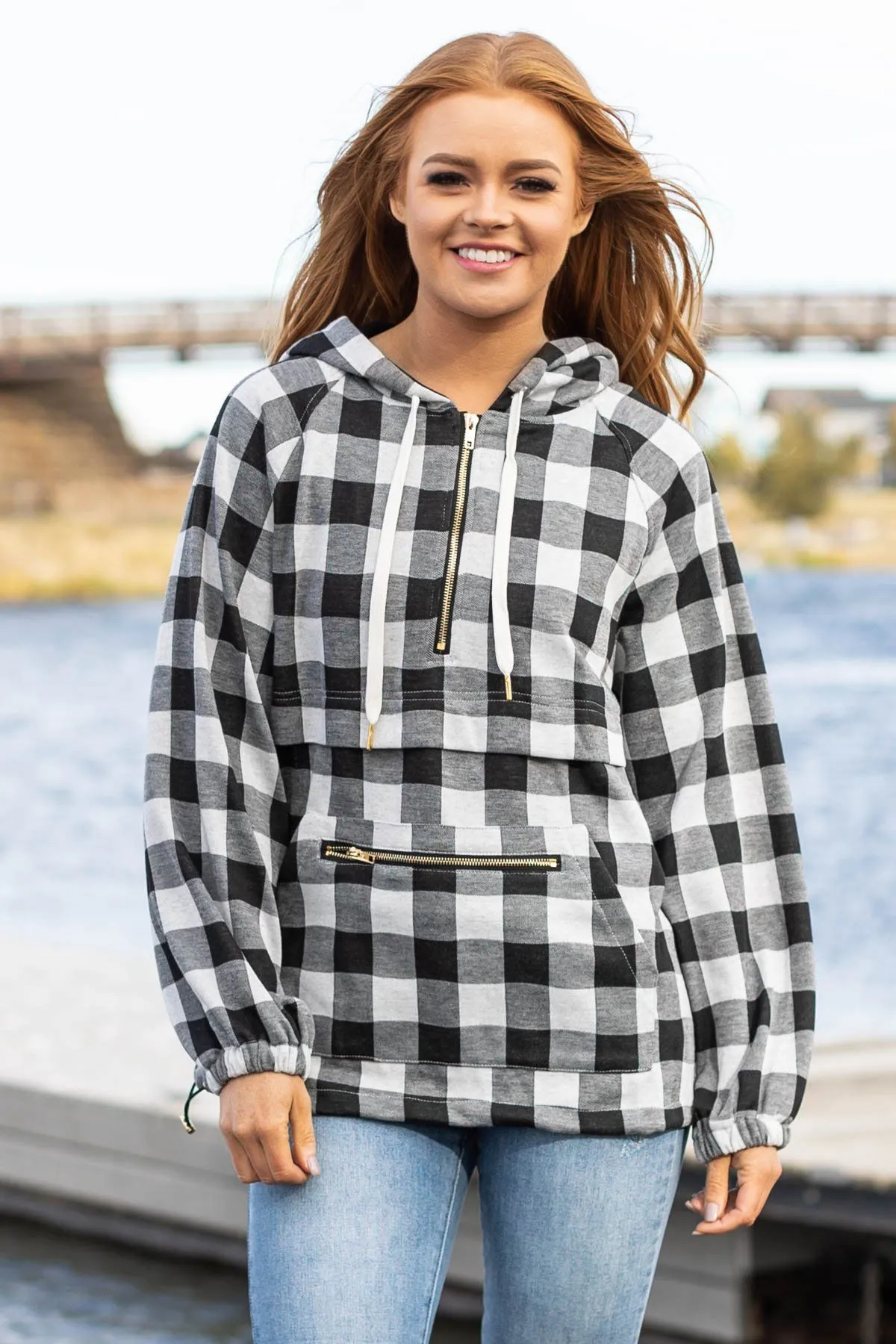 Black Buffalo Plaid Quarter Zip Hoodie