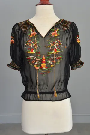 Black Chiffon Pagoda Embroidered Peasant Top