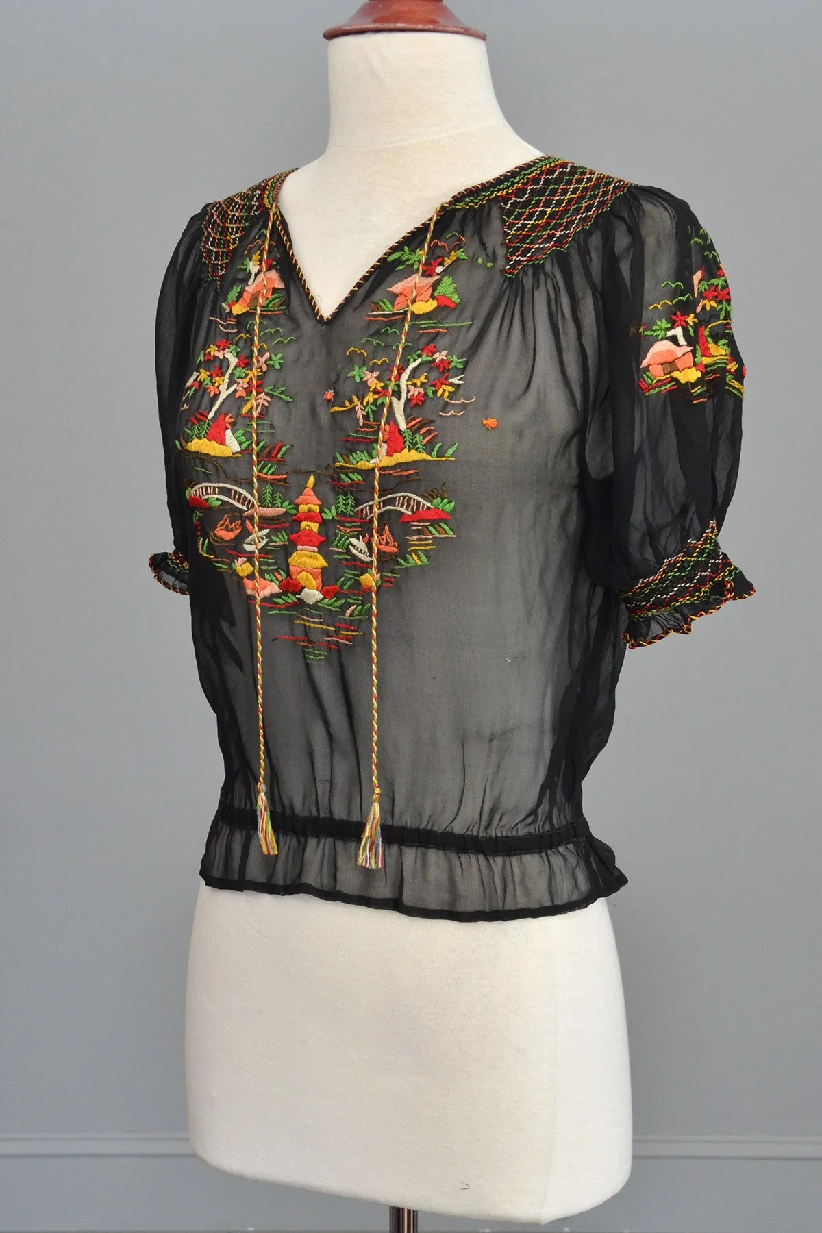 Black Chiffon Pagoda Embroidered Peasant Top