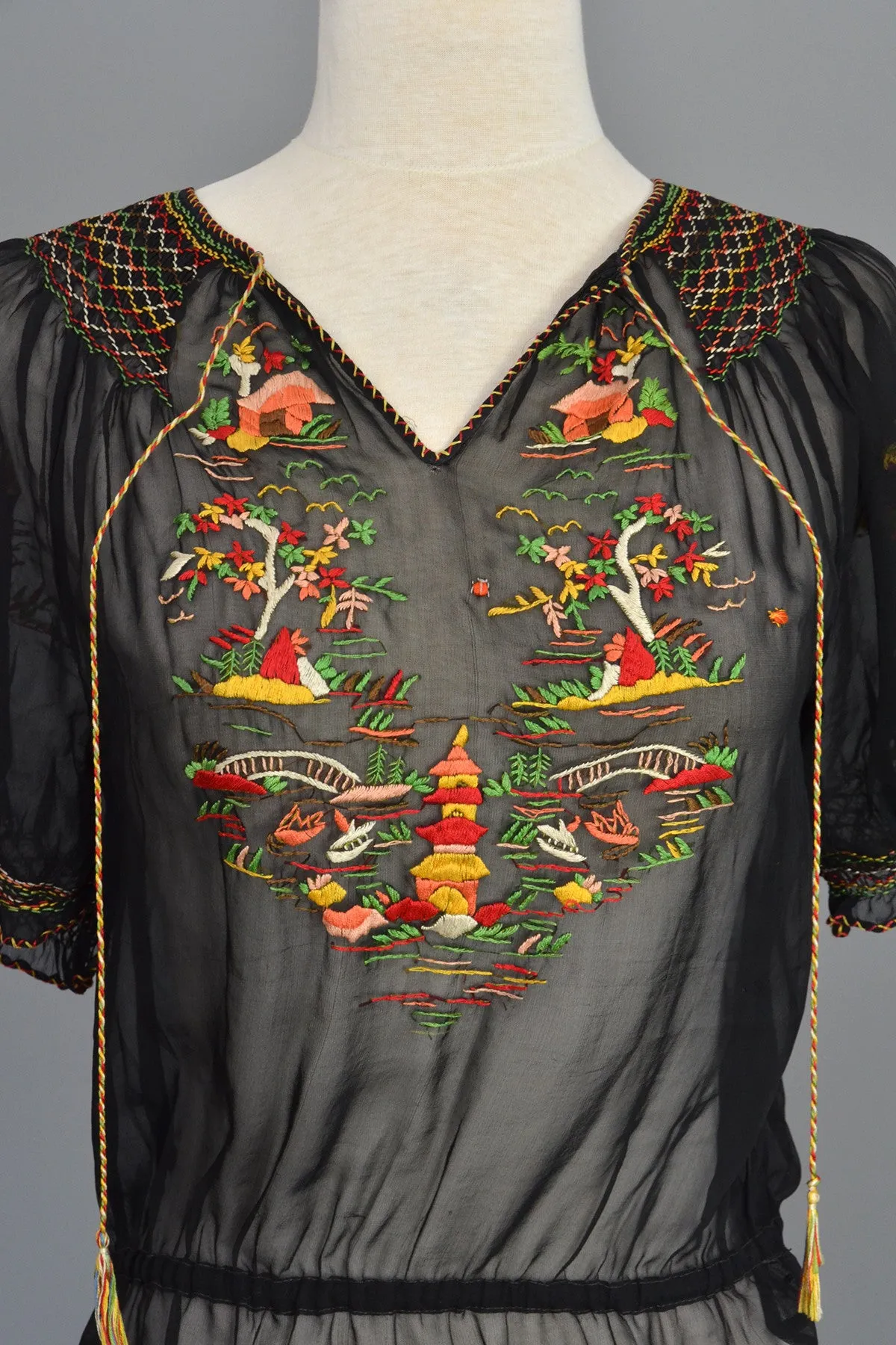 Black Chiffon Pagoda Embroidered Peasant Top