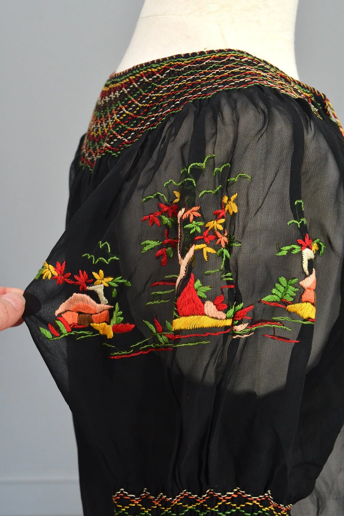 Black Chiffon Pagoda Embroidered Peasant Top