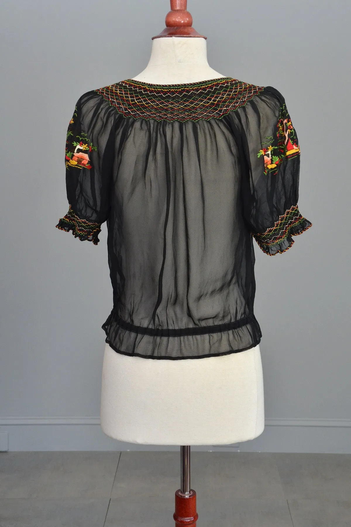 Black Chiffon Pagoda Embroidered Peasant Top