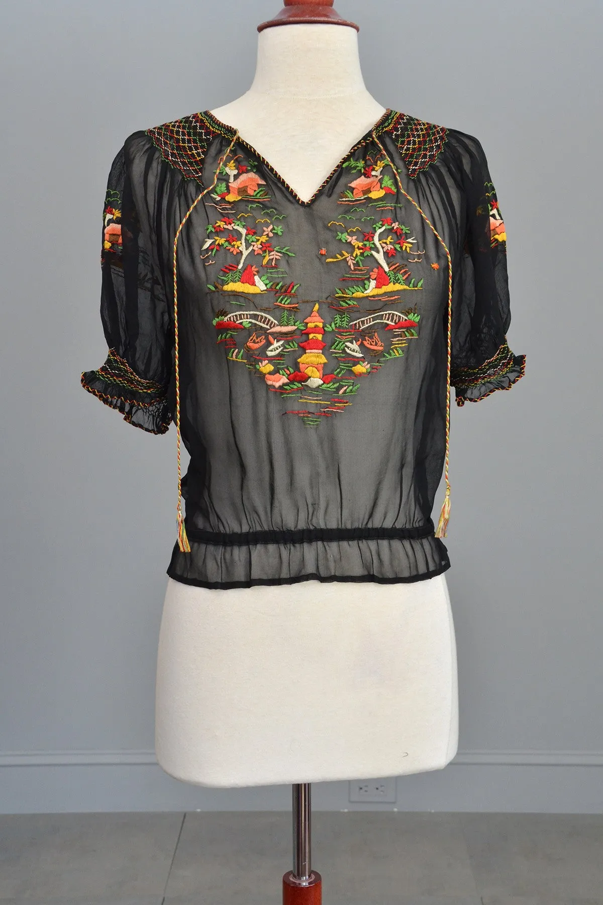 Black Chiffon Pagoda Embroidered Peasant Top