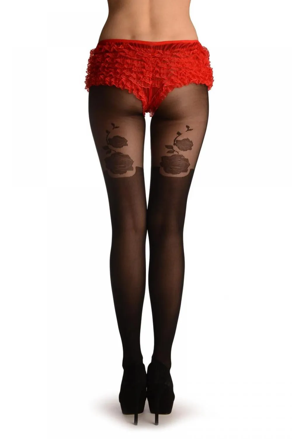 Black Faux Stockings With Roses At The Back