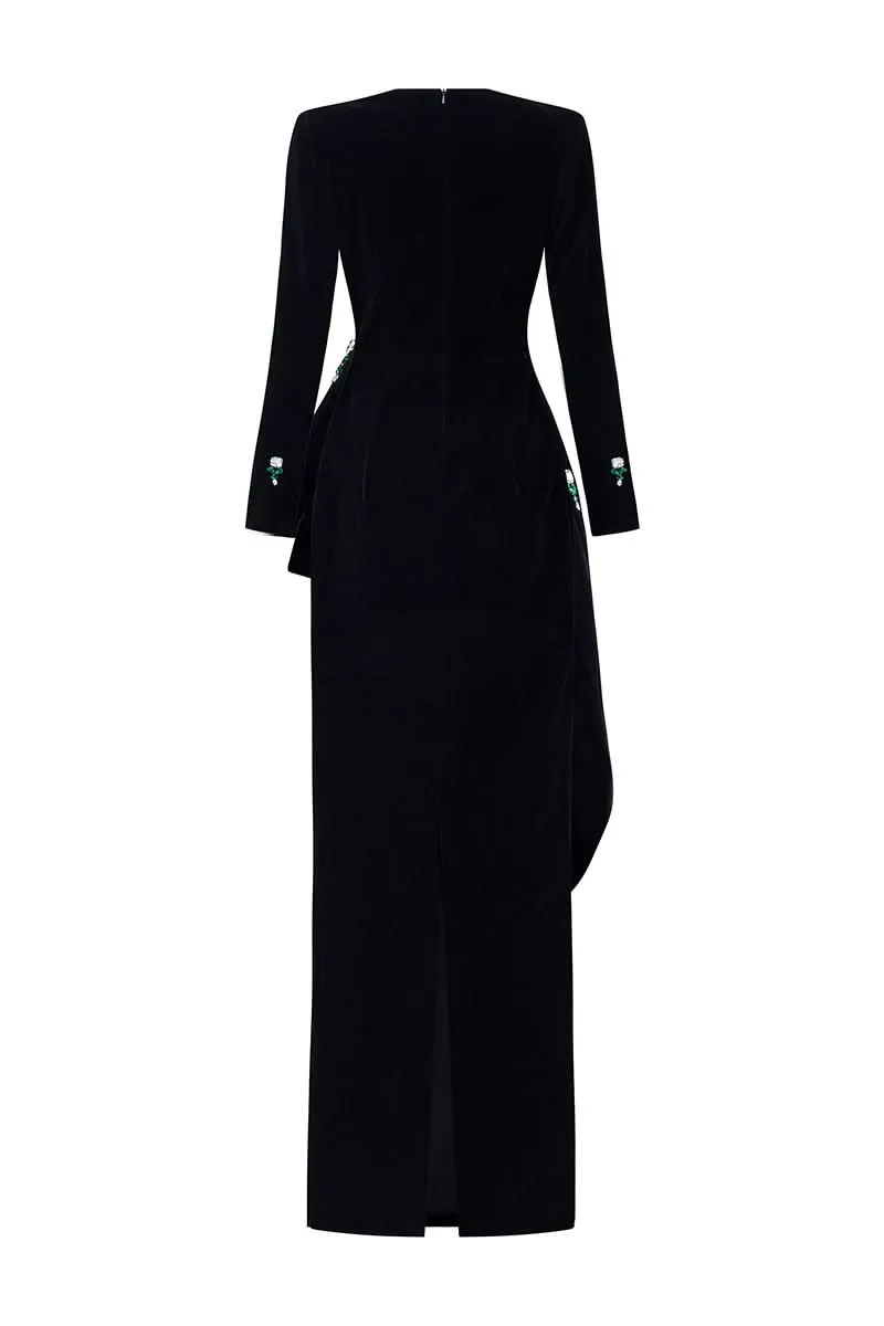 BLACK QUEEN ANNE NECKLINE AND DRAPED WAIST VELVET GOWN