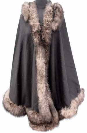 Black Solid Cape with Tonal Fox Fur Trim and Hood