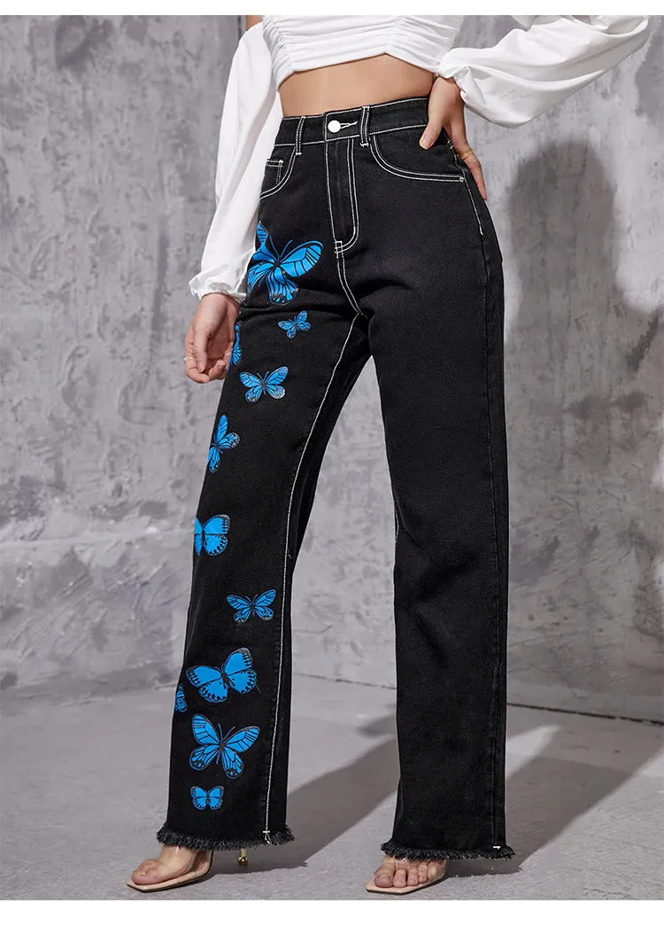 Blue Butterfly Straight Jeans