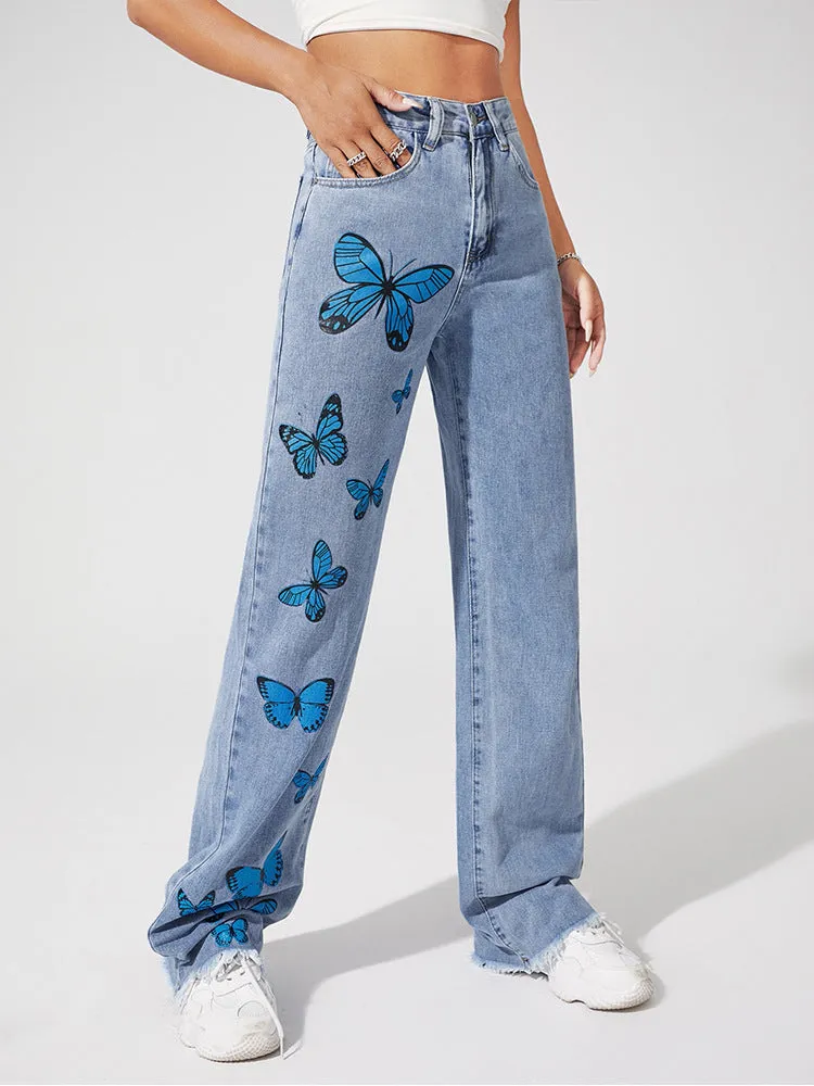 Blue Butterfly Straight Jeans