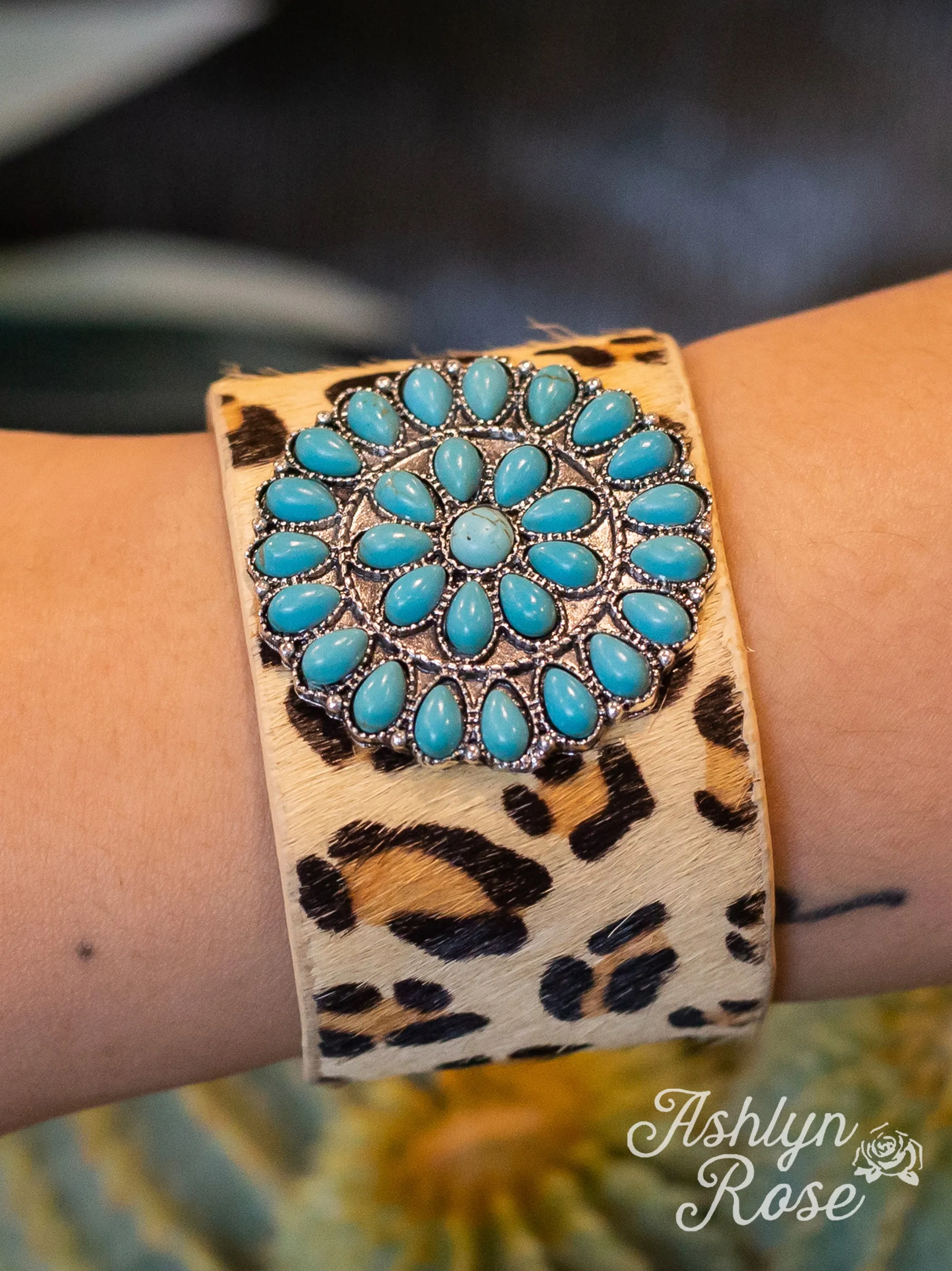 Can't Cuff Me Leopard Suede Cuff Button Bracelet With A Turquoise Circular Flower Stone