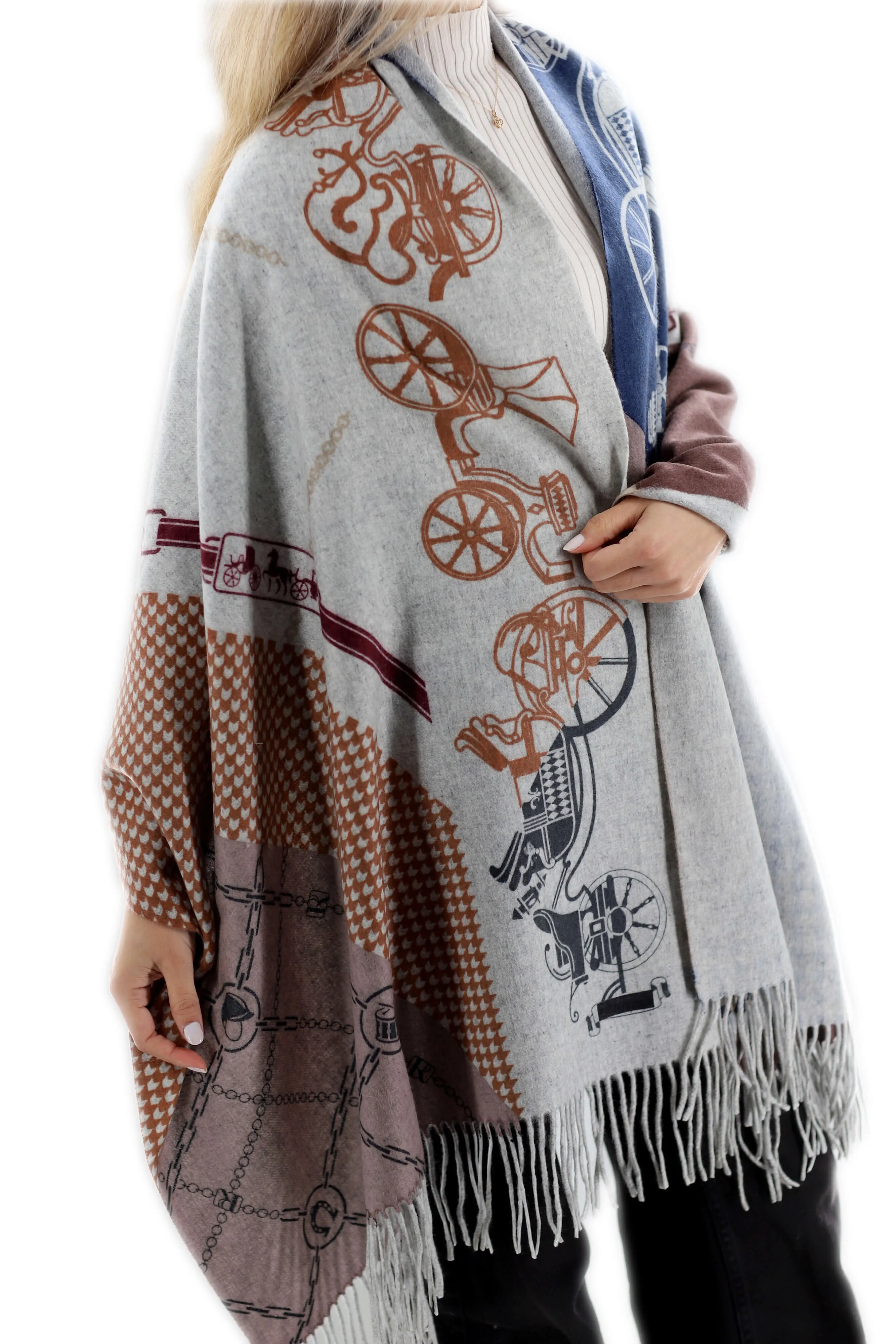 Chain/Carriage Ride Print Cashmere Wrap - Grey/Brown/Navy - One Size