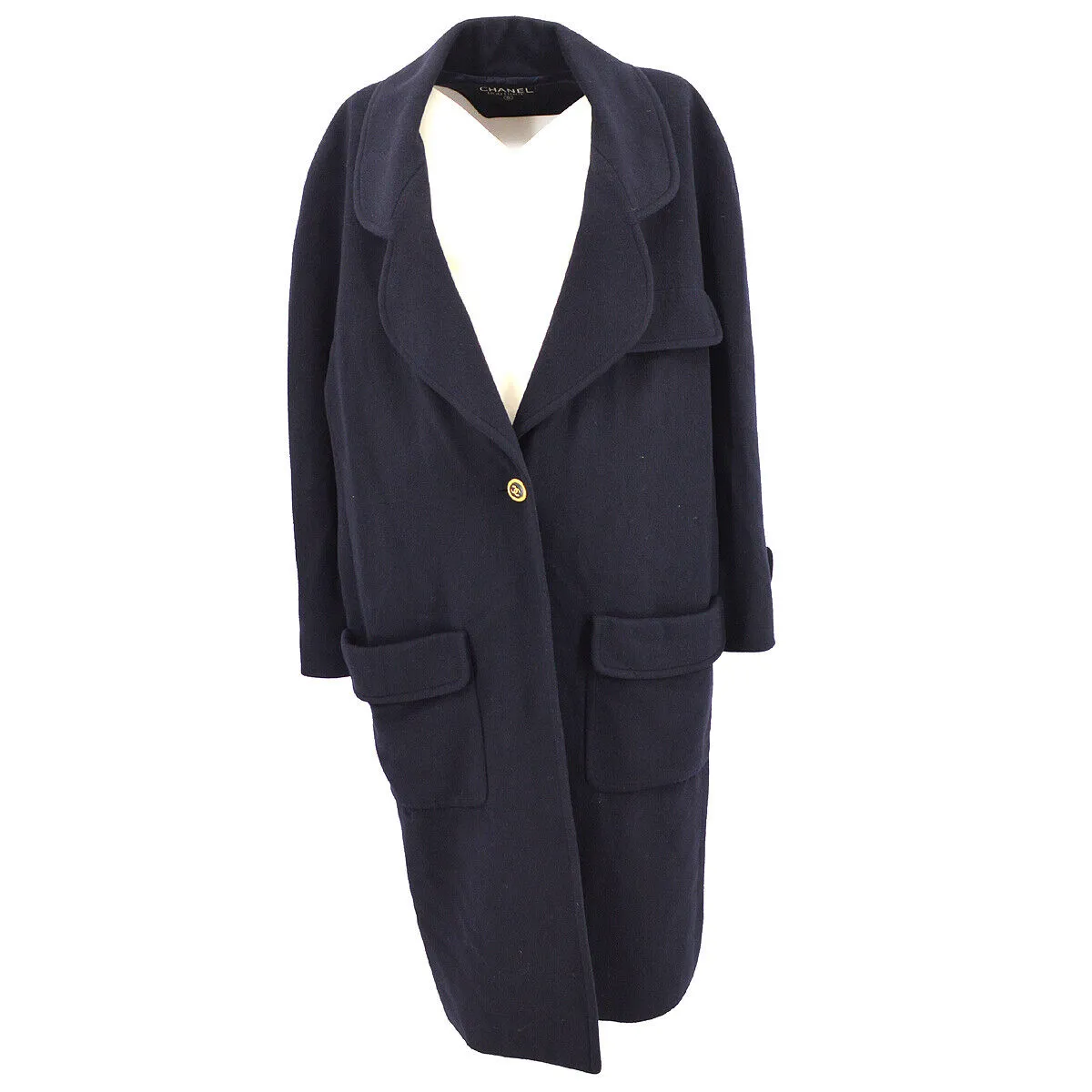 CHANEL CC Logos Button Long Sleeve Jacket Coat Navy Cashmere 03878