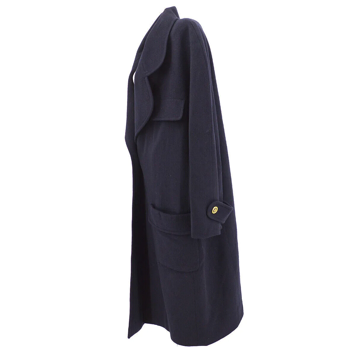 CHANEL CC Logos Button Long Sleeve Jacket Coat Navy Cashmere 03878