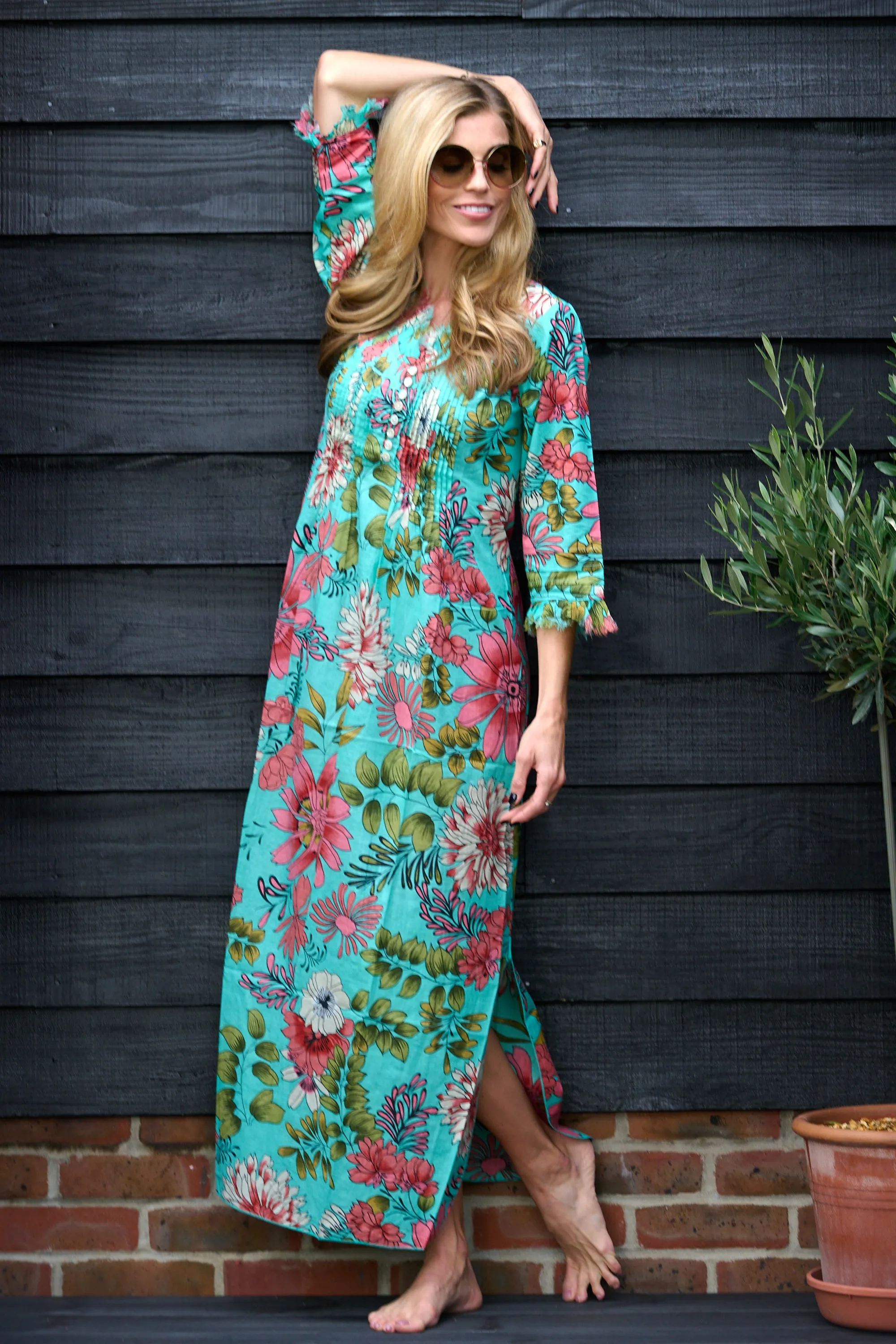 Cotton Annabel Maxi Dress in Turquoise Floral