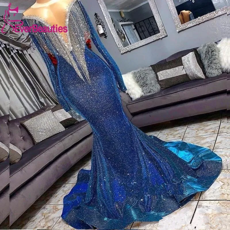 DEANWANGKT Blue Muslim Evening Dresses  Mermaid Long Sleeves Sequins Sparkle Islamic Dubai Kaftan Saudi Arabia Long Evening Gown